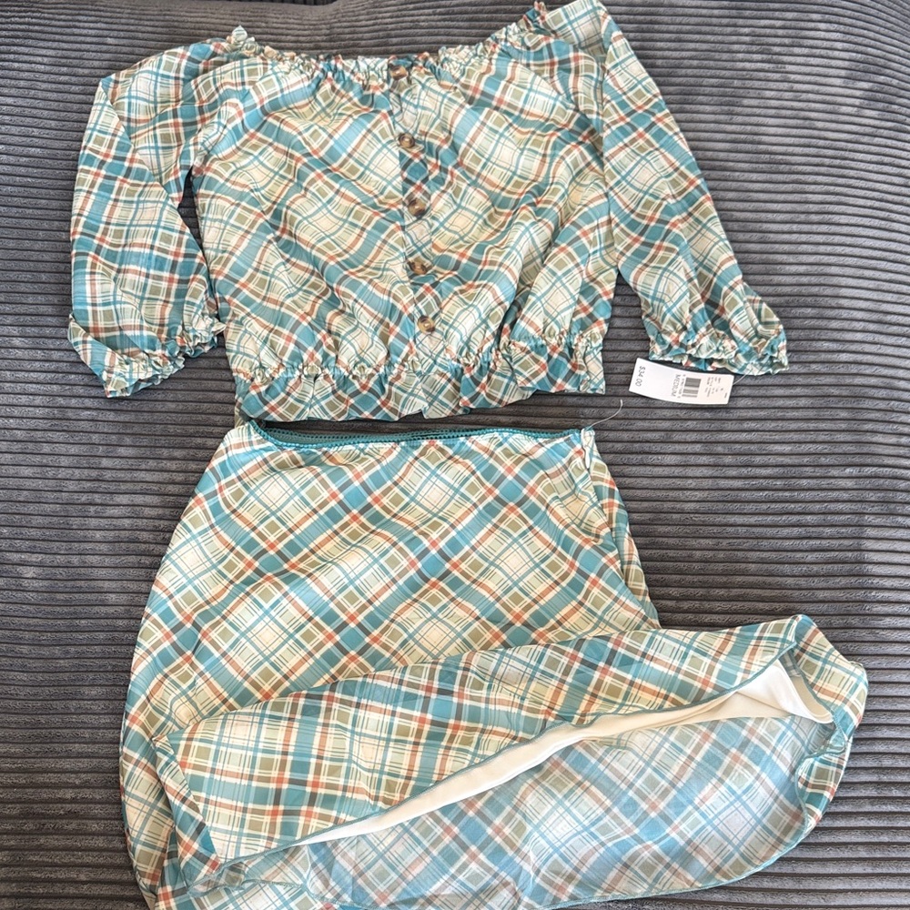 Iz Byer Blue and Orange Plaid Kids Matching Set